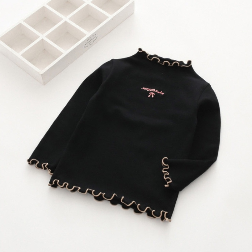 Girls Long Sleeve Tees Ruffle Cotton Black Shirts